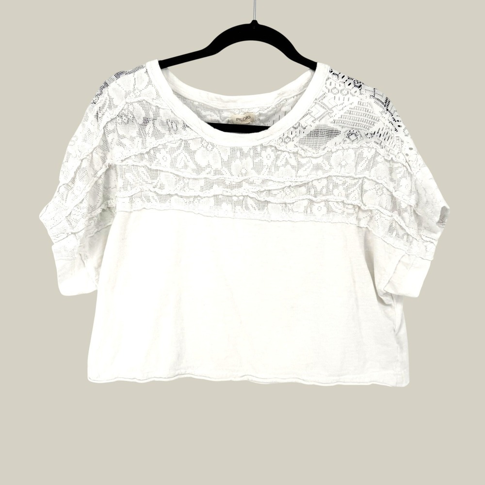 Pilcro Top Lace Tiered Crop Small White Textured Short Sleeve Boho Anthropologie